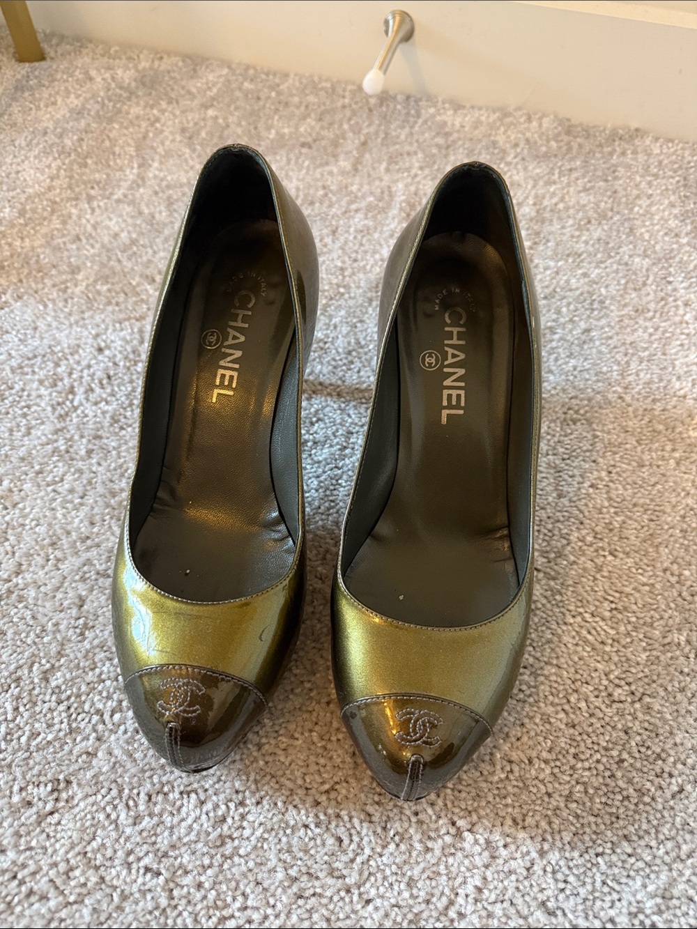 CHANEL Metallic Olive Green Cap-Toe Pumps with Patent Toe